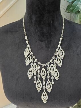 Silver Tone Rhinestone Crystal Teardrop Chandelier Bib Statement Necklace